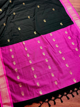 Handmade Light Weight Black Color Soft Silk Saree with Purple and Peacock Motifs - Kaash