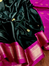 Handmade Light Weight Black Color Soft Silk Saree with Purple and Peacock Motifs - Kaash