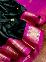 Handmade Light Weight Black Color Soft Silk Saree with Purple and Peacock Motifs - Kaash