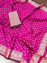 Magenta Pink with Brocade Blouse Banarasi saree in soft silk with muted gold resham zari with brocade blouse — Kaash Collection