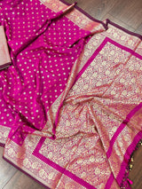 Handmade Magenta Pink Color Soft Silk Saree - Muted Gold Resham Zari Weave - Brocade Blouse - Light Weight Easy Drape Saree - Gift For Her - Kaash