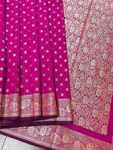 Handmade Magenta Pink Color Soft Silk Saree - Muted Gold Resham Zari Weave - Brocade Blouse - Light Weight Easy Drape Saree - Gift For Her - Kaash