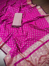 Handmade Magenta Pink Color Soft Silk Saree - Muted Gold Resham Zari Weave - Brocade Blouse - Light Weight Easy Drape Saree - Gift For Her - Kaash