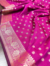Handmade Magenta Pink Color Soft Silk Saree - Muted Gold Resham Zari Weave - Brocade Blouse - Light Weight Easy Drape Saree - Gift For Her - Kaash