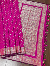 Handmade Magenta Pink Color Soft Silk Saree - Muted Gold Resham Zari Weave - Brocade Blouse - Light Weight Easy Drape Saree - Gift For Her - Kaash