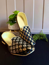 Black handmade men's jutti / mojari wedding shoes in soft banarasi silk with banarasi silk with gold buttis — Kaash Collection