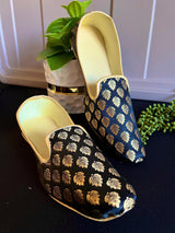 Black handmade men's jutti / mojari wedding shoes in soft banarasi silk with banarasi silk with gold buttis — Kaash Collection