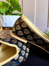 Black handmade men's jutti / mojari wedding shoes in soft banarasi silk with banarasi silk with gold buttis — Kaash Collection