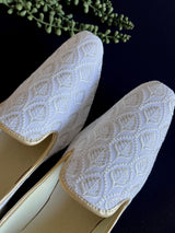 White handmade men's jutti / mojari wedding shoes in cotton silk with embroidery with tiny gold sequins — Kaash Collection