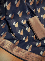 Navy Blue Cotton Silk Banarasi saree in banarasi cotton silk with antique copper & silver zari double buttas — Kaash Collection