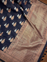 Navy Blue Cotton Silk Banarasi saree in banarasi cotton silk with antique copper & silver zari double buttas — Kaash Collection