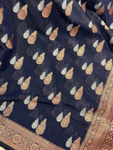 Navy Blue Cotton Silk Banarasi saree in banarasi cotton silk with antique copper & silver zari double buttas — Kaash Collection