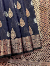 Navy Blue Cotton Silk Banarasi saree in banarasi cotton silk with antique copper & silver zari double buttas — Kaash Collection
