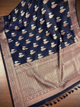 Handmade Navy Blue Color Banarasi Cotton Silk Saree with Antique Copper and Sliver Zari Weave | Handmade Sarees - Kaash