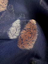Handmade Navy Blue Color Banarasi Cotton Silk Saree with Antique Copper and Sliver Zari Weave | Handmade Sarees - Kaash