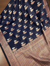 Handmade Navy Blue Color Banarasi Cotton Silk Saree with Antique Copper and Sliver Zari Weave | Handmade Sarees - Kaash