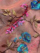 Onion Pink Kora with Mehendi Border saree in banarasi kora organza silk with floral jaal embroidery with mehendi border — Kaash Collection
