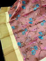 Handmade Onion Pink Color Banarasi Kora Organza Saree - Floral Jaal Embroidery - Kaash