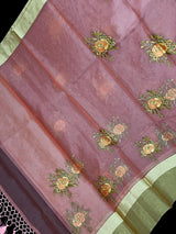 Handmade Onion Pink Color Banarasi Kora Organza Saree - Flower Bunch Embroidery - Kaash