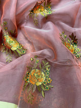 Handmade Onion Pink Color Banarasi Kora Organza Saree - Flower Bunch Embroidery - Kaash