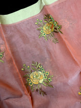 Handmade Onion Pink Color Banarasi Kora Organza Saree - Flower Bunch Embroidery - Kaash