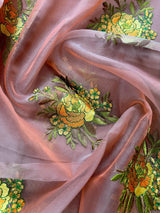 Handmade Onion Pink Color Banarasi Kora Organza Saree - Flower Bunch Embroidery - Kaash