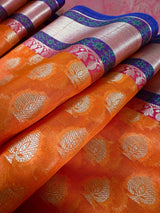 Orange Banarasi Kora Organza saree in banarasi kora organza silk with paithani borders with floral meenakari — Kaash Collection