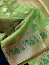 Parrot Green Banarasi saree in banarasi semi silk with green meenakari with small buttas & beautiful pallu — Kaash Collection