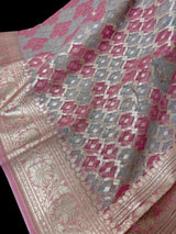 Pastel Pink & Blue Kora saree in banarasi kora silk with muted gold zari weave on kora — Kaash Collection