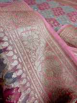 Pastel Pink & Blue Kora saree in banarasi kora silk with muted gold zari weave on kora — Kaash Collection