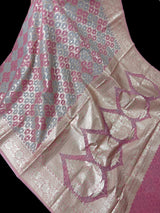 Pastel Pink & Blue Kora saree in banarasi kora silk with muted gold zari weave on kora — Kaash Collection