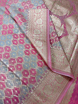 Pastel Pink & Blue Kora saree in banarasi kora silk with muted gold zari weave on kora — Kaash Collection