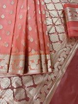 Peach Kora Banarasi saree in banarasi kora silk with muted gold zari handwoven on kora — Kaash Collection