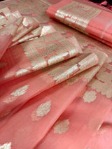 Peach Kora Banarasi saree in banarasi kora silk with muted gold zari handwoven on kora — Kaash Collection