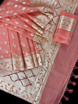 Peach Kora Banarasi saree in banarasi kora silk with muted gold zari handwoven on kora — Kaash Collection