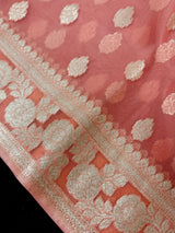 Peach Kora Banarasi saree in banarasi kora silk with muted gold zari handwoven on kora — Kaash Collection