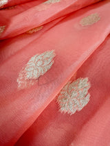 Peach Kora Banarasi saree in banarasi kora silk with muted gold zari handwoven on kora — Kaash Collection