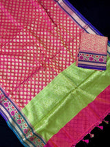 Peach Pink Kora Organza saree in banarasi kora organza silk with paithani borders with floral meenakari — Kaash Collection