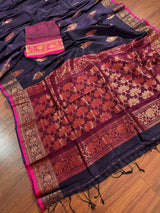Handmade Pine Green Color Saree in Linen blend with Cotton Silk Handloom Saree with Copper Zari Weave - Kaash