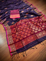 Handmade Pine Green Color Saree in Linen blend with Cotton Silk Handloom Saree with Copper Zari Weave - Kaash