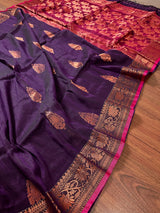 Handmade Pine Green Color Saree in Linen blend with Cotton Silk Handloom Saree with Copper Zari Weave - Kaash