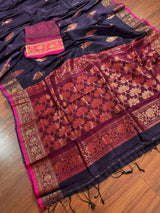 Handmade Pine Green Color Saree in Linen blend with Cotton Silk Handloom Saree with Copper Zari Weave - Kaash