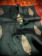 Pine Green with Maroon & Red saree in linen blend cotton silk with zari weaving with maroon & red borders — Kaash Collection