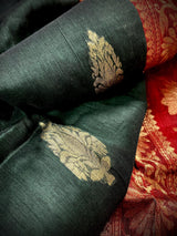 Pine Green with Maroon & Red saree in linen blend cotton silk with zari weaving with maroon & red borders — Kaash Collection
