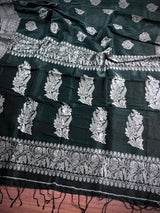 Pine Green Linen Cotton Silk saree in linen blend cotton silk with silver zari weave on linen cotton silk — Kaash Collection