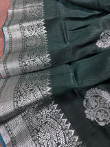 Pine Green Linen Cotton Silk saree in linen blend cotton silk with silver zari weave on linen cotton silk — Kaash Collection