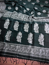 Handmade Pine Green Color Saree in Linen blend with Cotton Silk with Sliver Zari Weave - No Blouse - Kaash