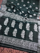Handmade Pine Green Color Saree in Linen blend with Cotton Silk with Sliver Zari Weave - No Blouse - Kaash