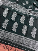 Handmade Pine Green Color Saree in Linen blend with Cotton Silk with Sliver Zari Weave - No Blouse - Kaash