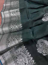 Handmade Pine Green Color Saree in Linen blend with Cotton Silk with Sliver Zari Weave - No Blouse - Kaash